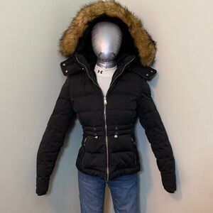 Zara Down Black Puffer Jacket with Faux Fur Hood